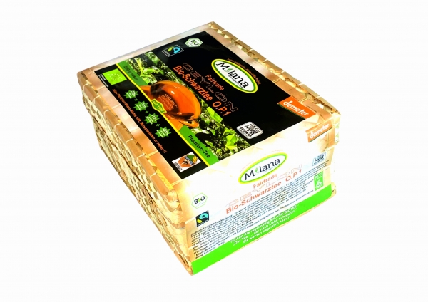 250 g MILANA Ceylon Fairtrae Demeter BIO-SCHWARZTEE LOSE OP1 Orange Pekoe 1 schwarzer Premium-Tee in HANDGEFLOCHTENEM TEEKÖRBCHEN, 55 Prozent des Verkaufspreises ist SOZIALE HILFSLEISTUNG - Der Tee, ... der nach Liebe schmeckt. Fair und nachhaltig hergest